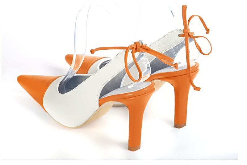 Apricot orange and off white women's slingback shoes. Pointed toe. High slim heel. Rear view - Florence KOOIJMAN